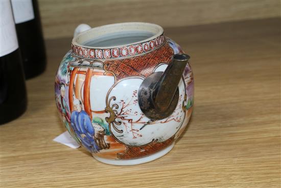 An 18th century Chinese famille rose teapot, with white metal spout height 9cm (lacking lid)